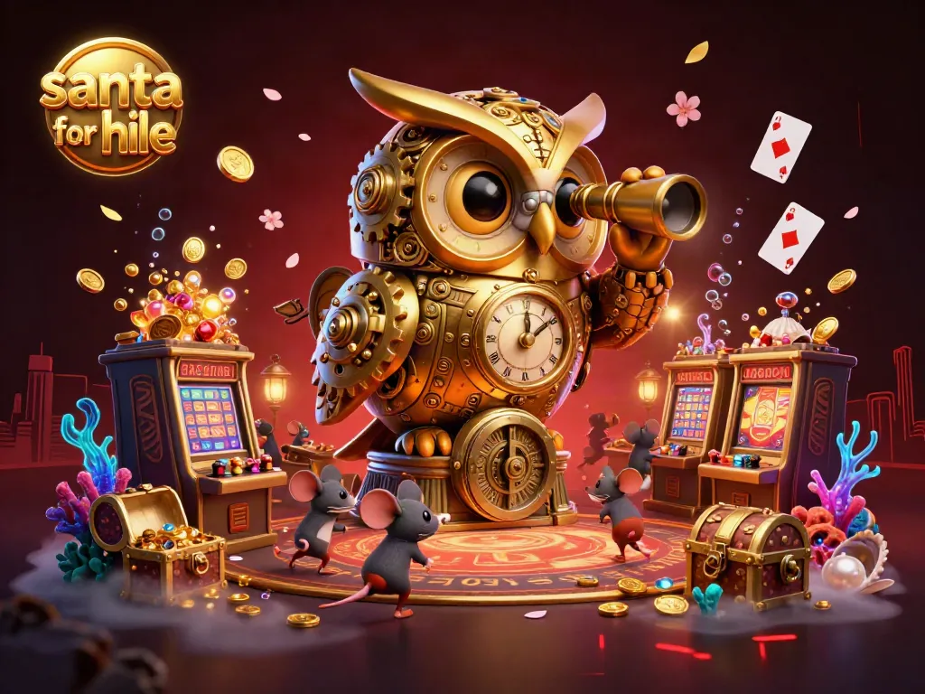Engaging illustration of a vibrant casino scene showcasing a golden owl, slot machines, and dynamic elements highlighting 'santa for hire'.