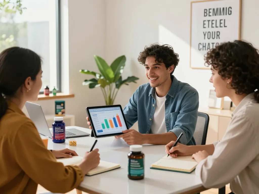 Natura Vitalis partners collaborating in a bright home office, emphasizing teamwork and wellness.