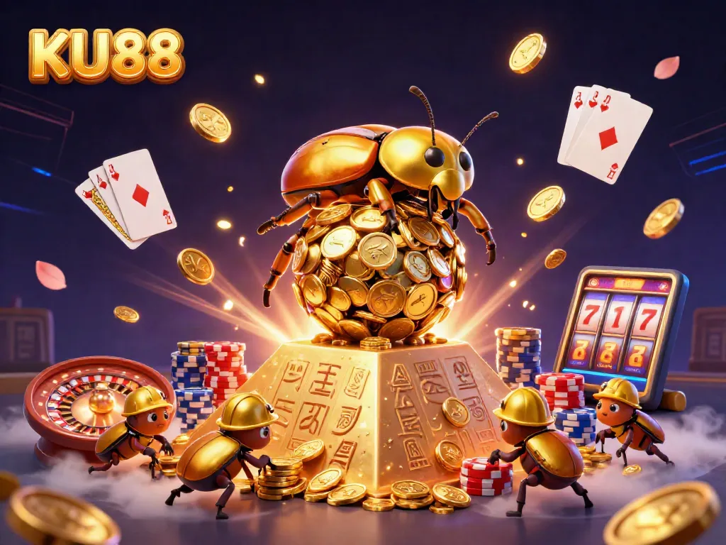 Spin the reels and try your luck at KU88's dynamic casino experience with vibrant golden elements.
