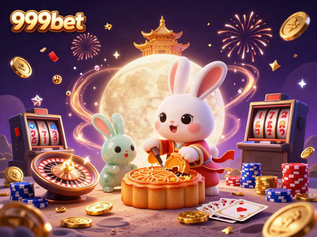 Experience the thrill of 999bet with a vibrant illustration featuring a moon rabbit and shimmering casino elements.