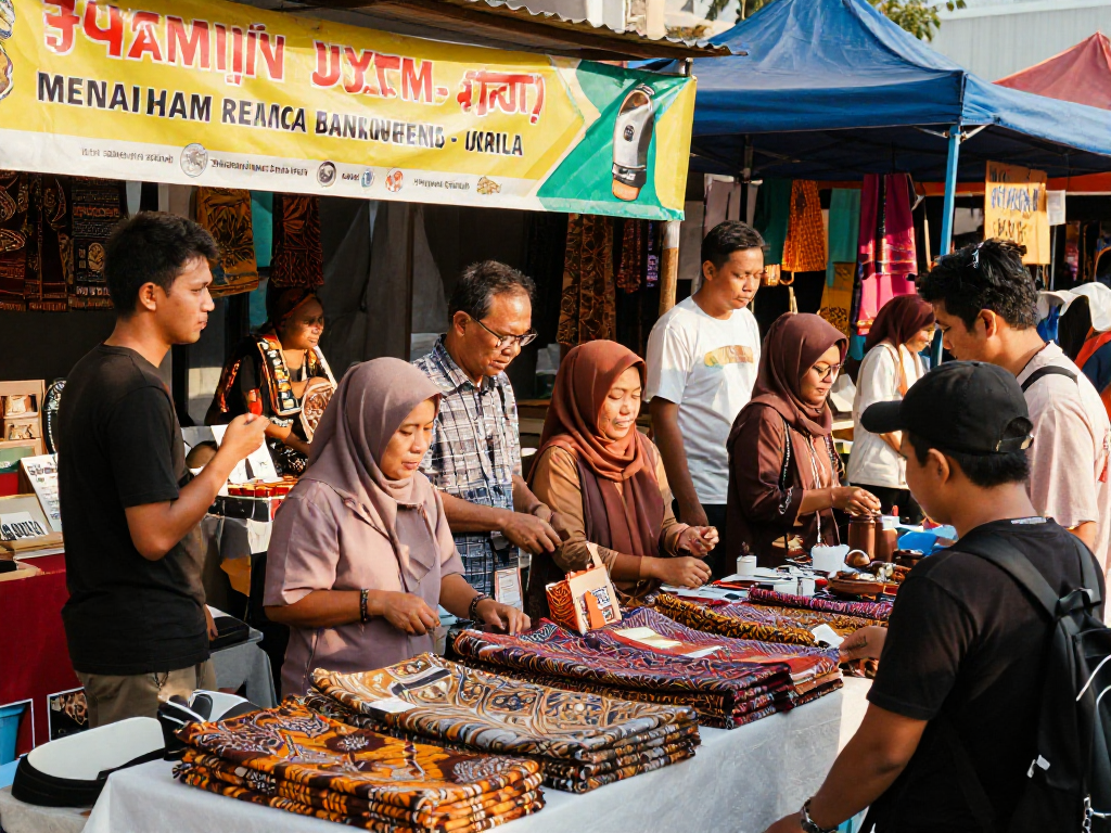 Engaging marketplace scene with rokok88 supporting local UMKM artisans and unique products.
