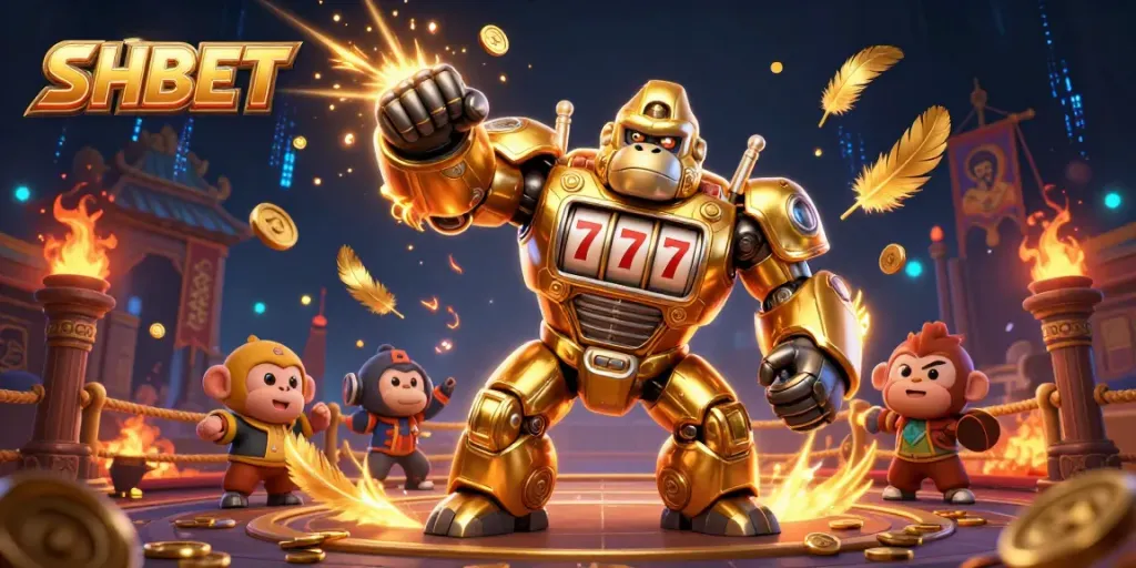 Engage with SHBET's thrilling gaming experience featuring a golden gorilla mech amidst vibrant casino elements.