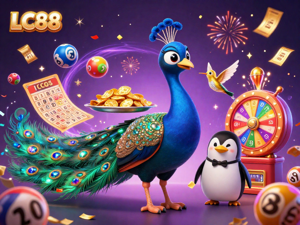 Engage with LC88 as vibrant lottery balls rain down around a surreal casino scene.