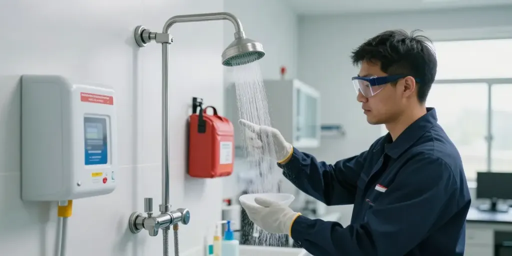 Professional technician inspecting an industrielle Notdusche in a laboratory setting.