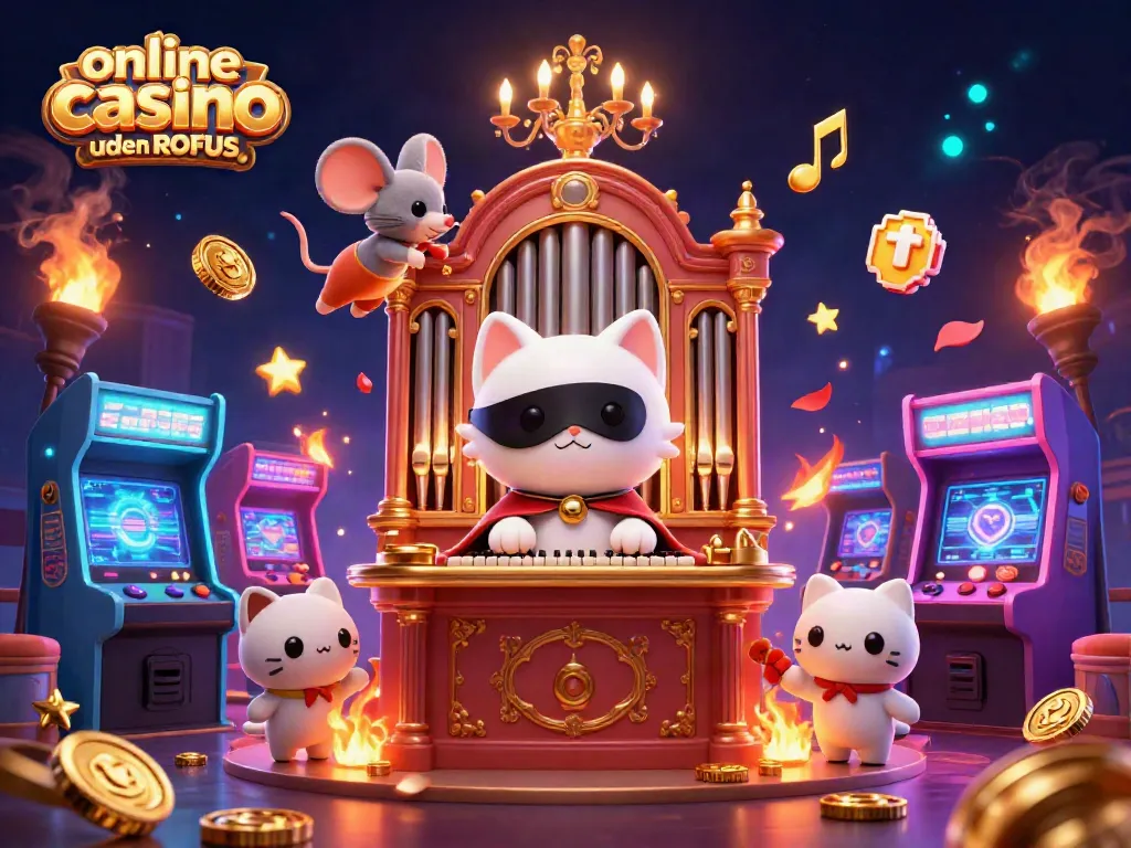 Engage in an online casino uden ROFUS adventure with a whimsical scene featuring a cat organist and acrobat mouse amidst vibrant casino elements.