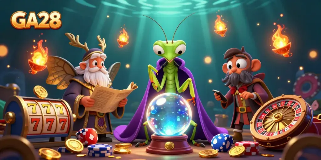 Engage with GA28 as fortune tellers predict gaming outcomes in a rich casino-themed scene.