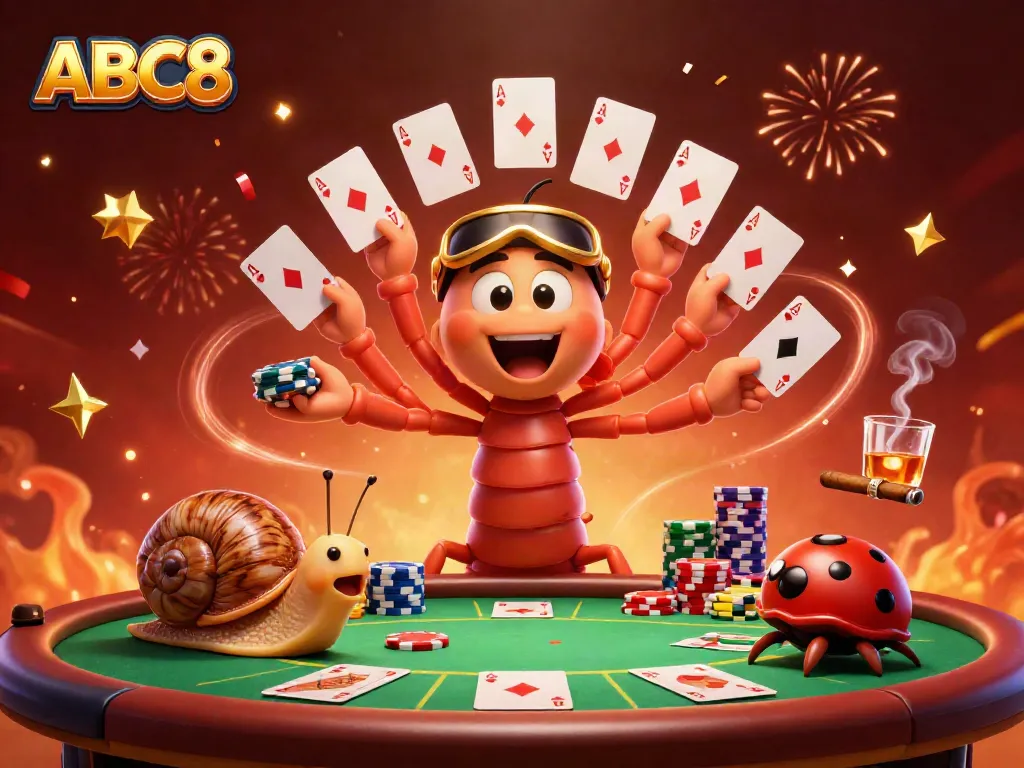 Experience the excitement of ABC8 with a lively 3D illustration of cartoon casino characters at a poker table.