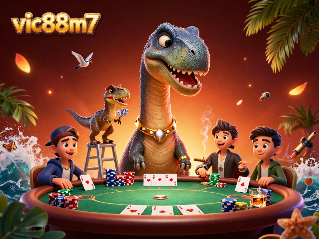Experience thrilling gameplay with vic88m7 at a lively poker game featuring vibrant cartoon characters.