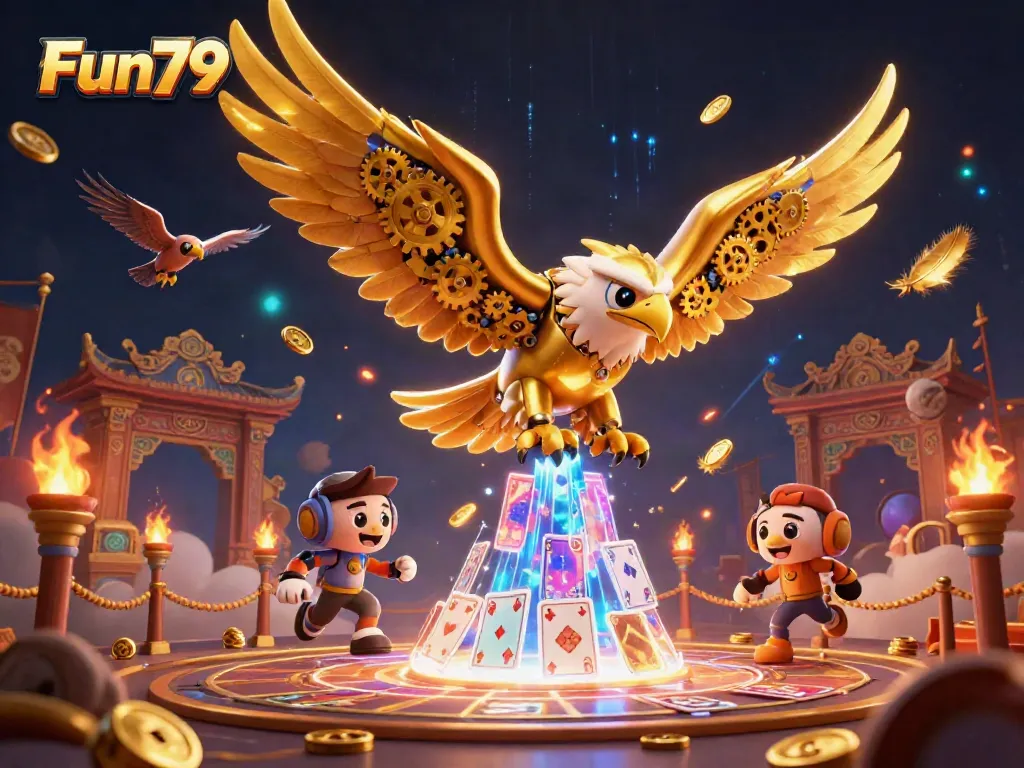 Experience thrilling gameplay at Fun79 with a dynamic golden eagle amidst holographic cards and vibrant elements.