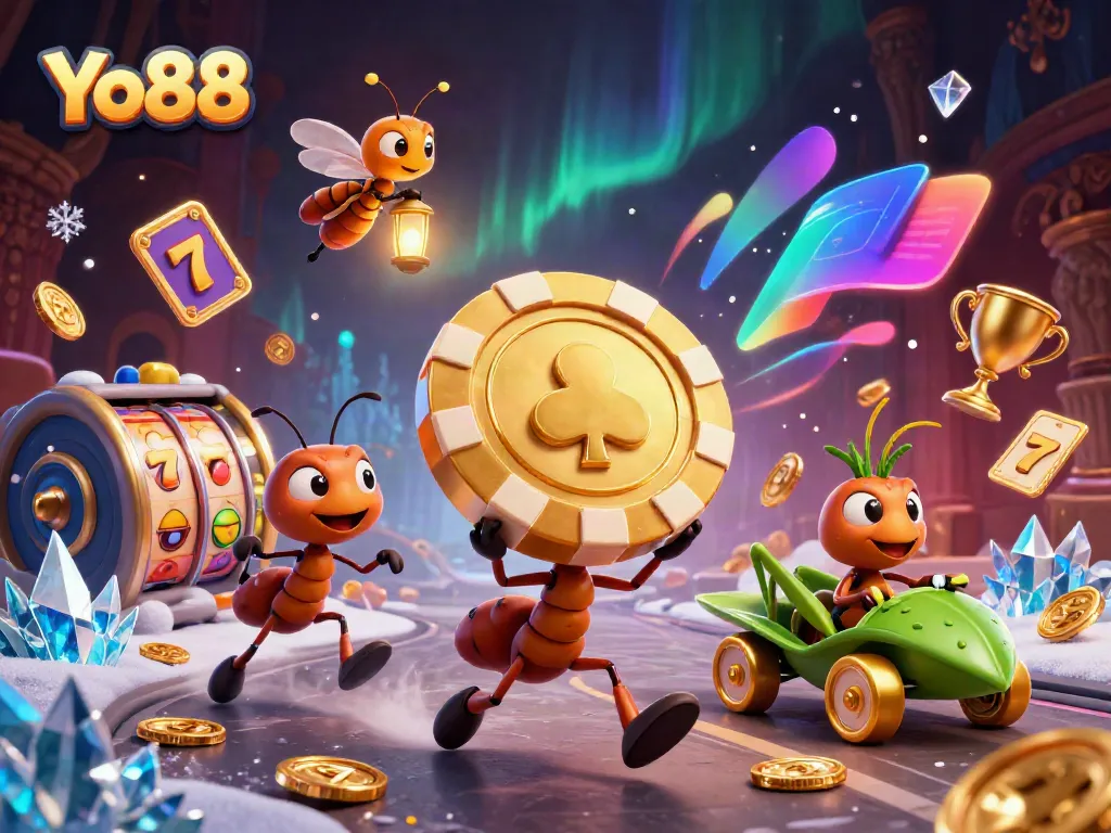 Yo88 showcases a thrilling heist scene with cartoon ants and a grasshopper, featuring dynamic casino elements.