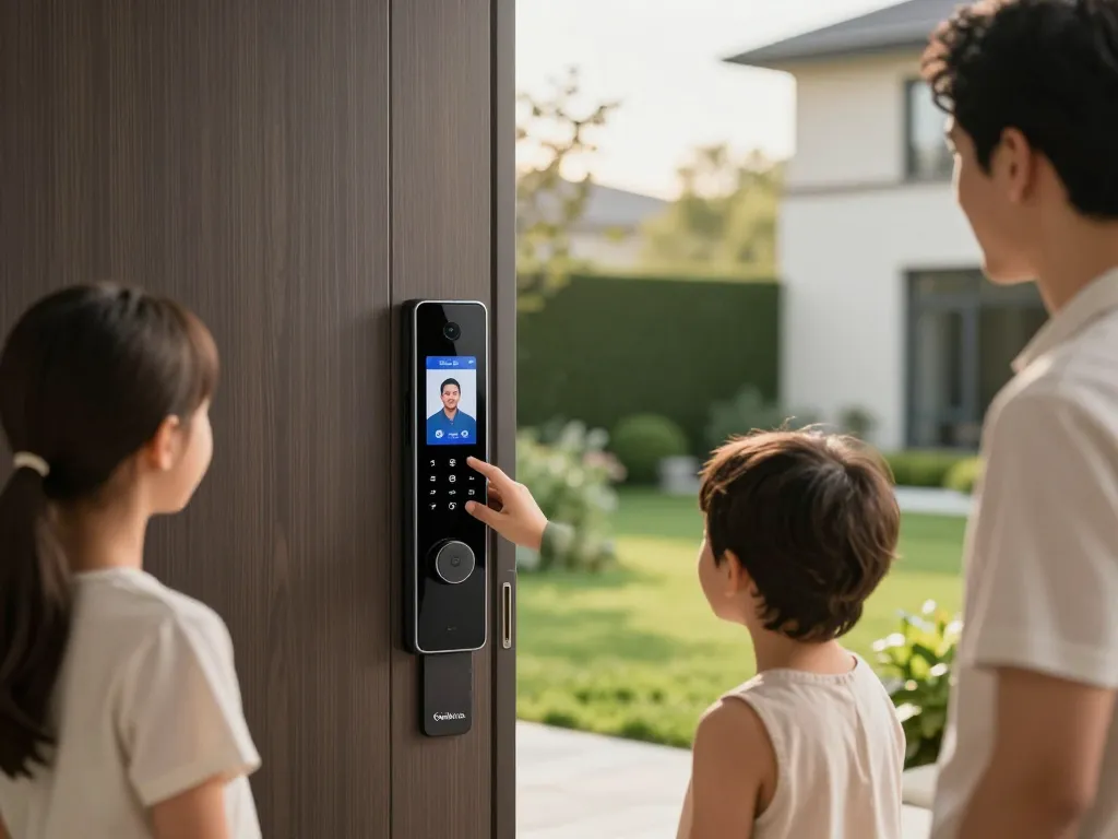 Goliath Türsprechanlage zeigt eine Familie, die mit dem Türsprechanlagensystem in einem stilvollen Zuhause interagiert.
