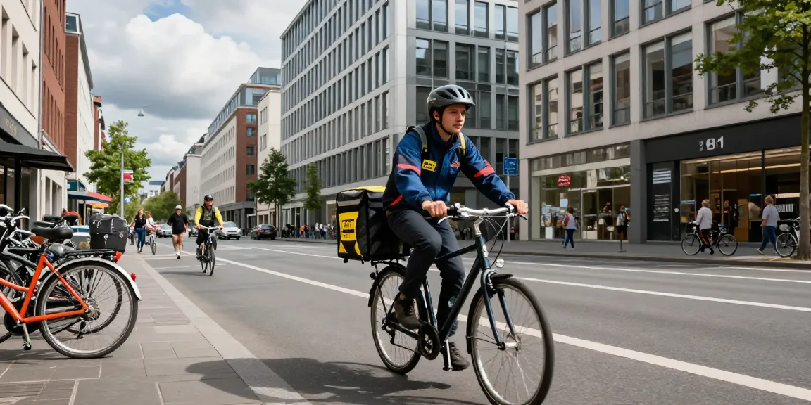 Kurierdienst in Düsseldorf - professioneller Kurier auf Fahrrad in urbaner Umgebung.