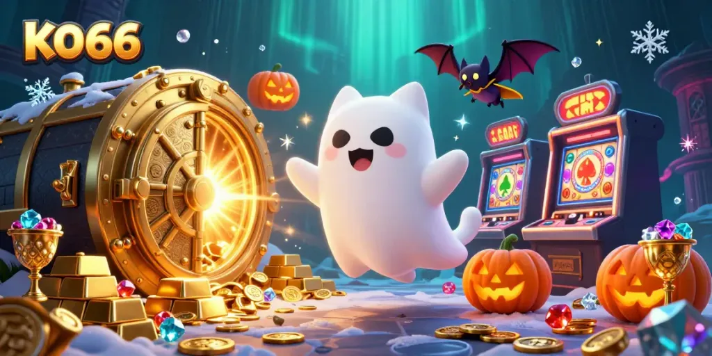 Experience the vibrant KO66 casino world with friendly ghost cat and bat companion amidst glowing treasures.