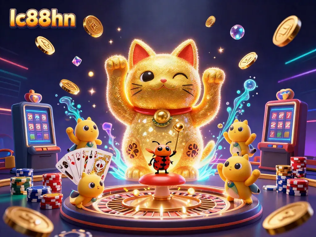 Engage with the vibrant world of lc88hn as a lucky cat heralds a cascade of casino symbols and treasures.