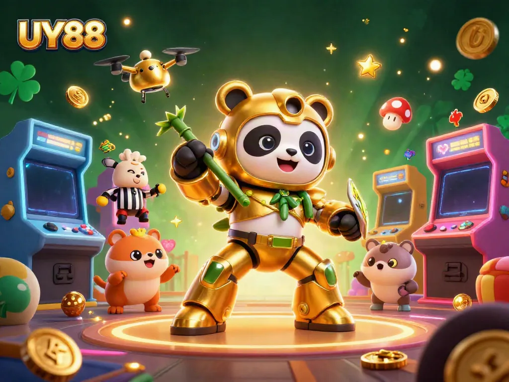 Engage with UY88 in an exciting 3D casino arena with vibrant game elements.