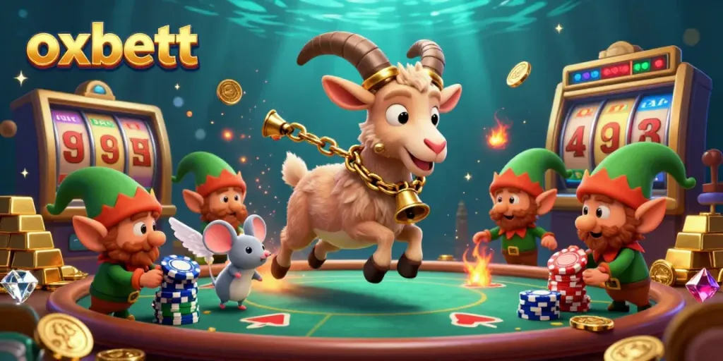 Experience the thrill of oxbett's lively casino as Krampus and friends engage in game theft while surrounded by glowing treasures.