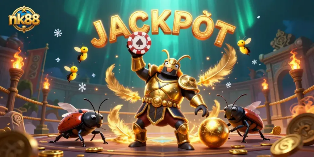 Win big with nk88: A vibrant 3D scene showcasing a champion beetle at a lively casino event.