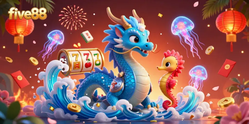 Experience the magic of five88 with a majestic water dragon and dynamic slot symbols in 3D illustration.