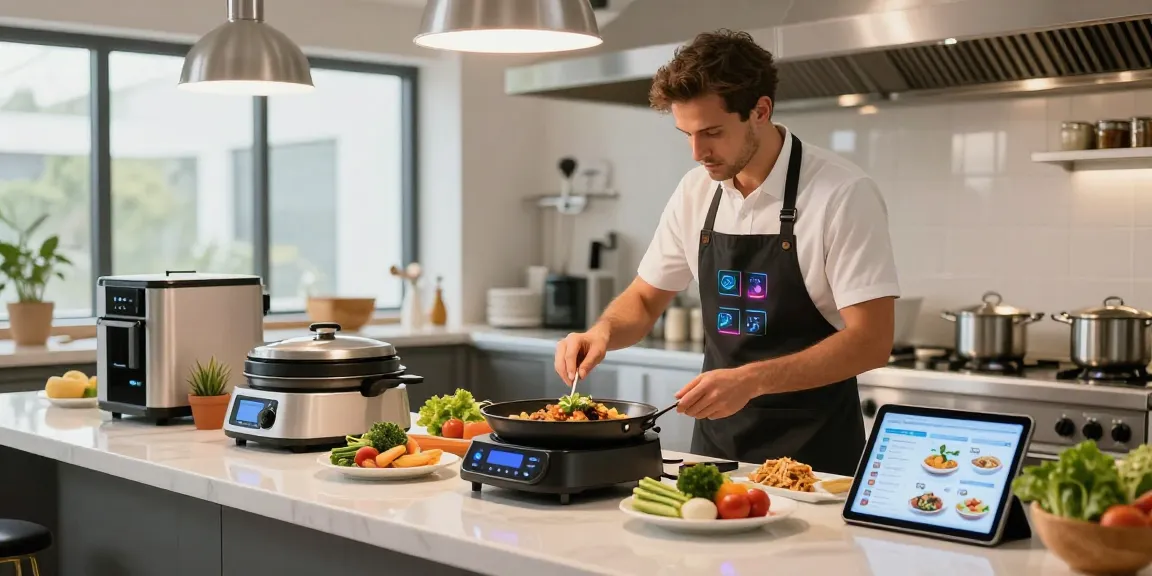 Gourmeticat tech news featuring a chef in a smart kitchen utilizing technology for cooking.