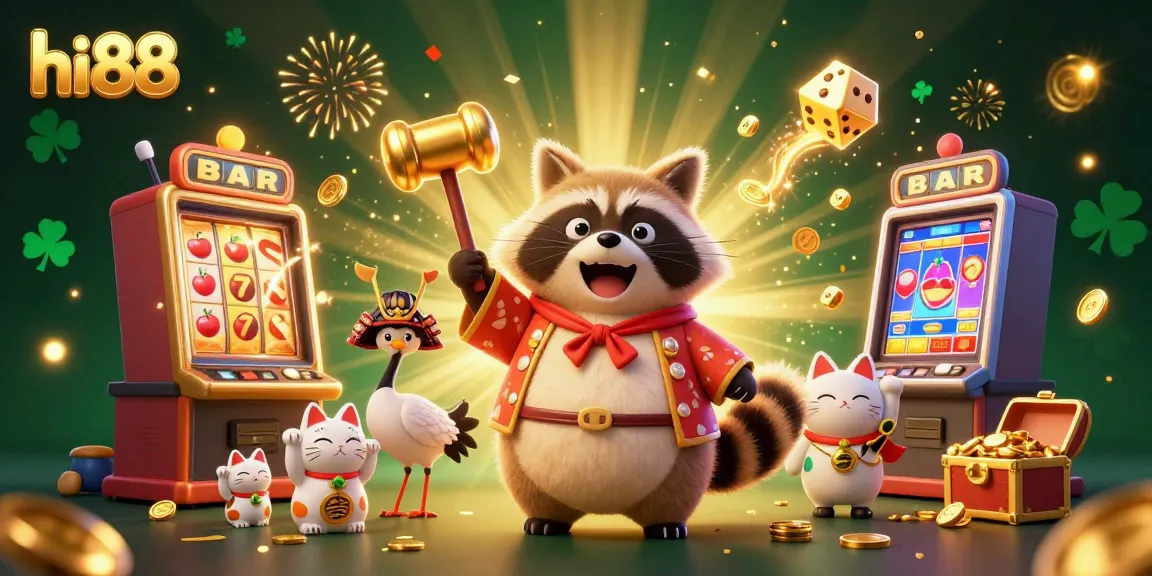 Experience hi88's vibrant gaming world with cheerful tanuki characters celebrating at a dynamic slot machine.