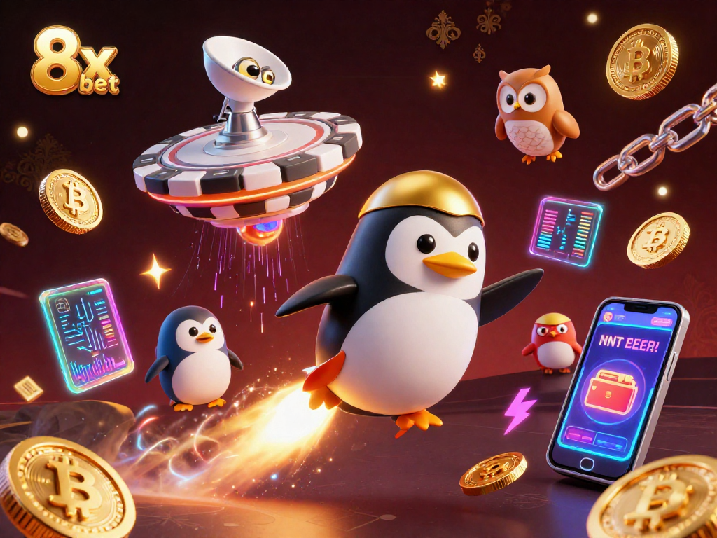 Experience the thrill of 8x bet with a golden penguin racing to a casino station amidst glowing crypto coins.