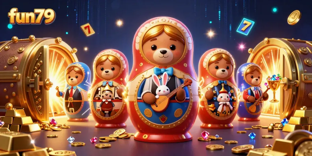 Experience fun79 with vibrant slots and dealer bears in a dazzling casino scene.