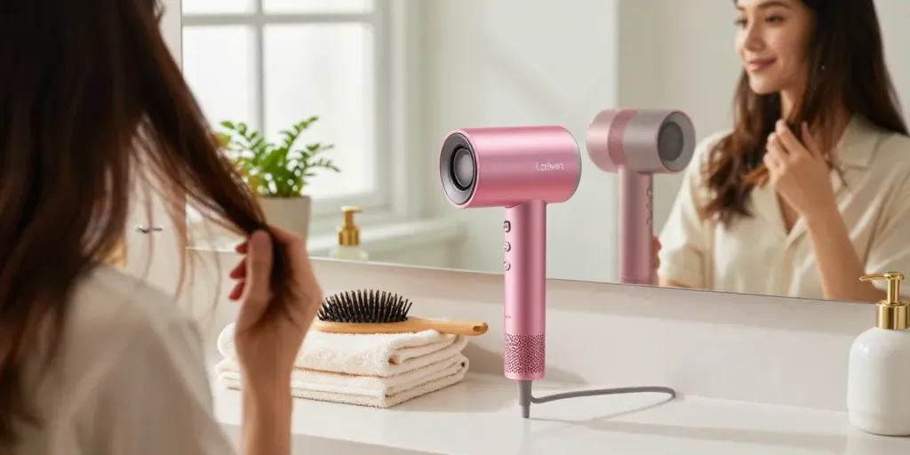 Woman using Laifen haartrockner in a bright bathroom; compact and stylish design.