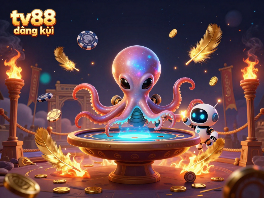 Engage in immersive gaming at TV88 đăng ký featuring an alien octopus hosting a poker game.