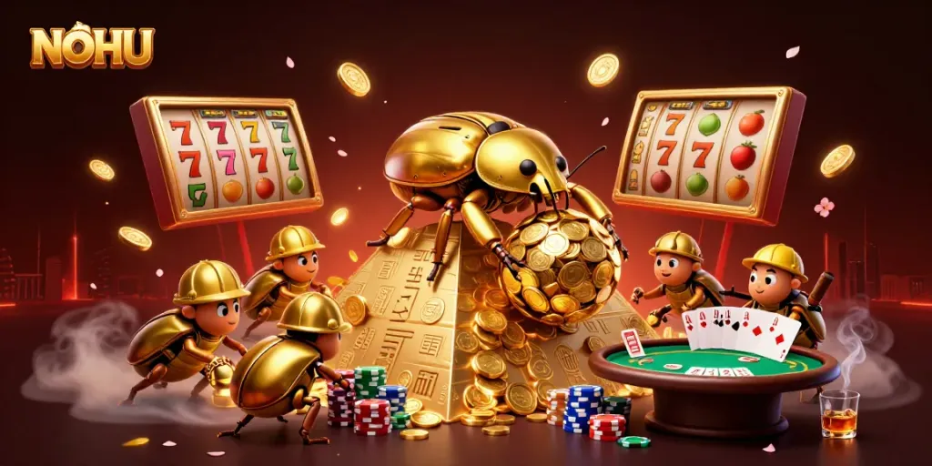 Engage with NOHU's captivating casino world featuring a beetle rolling golden coins.