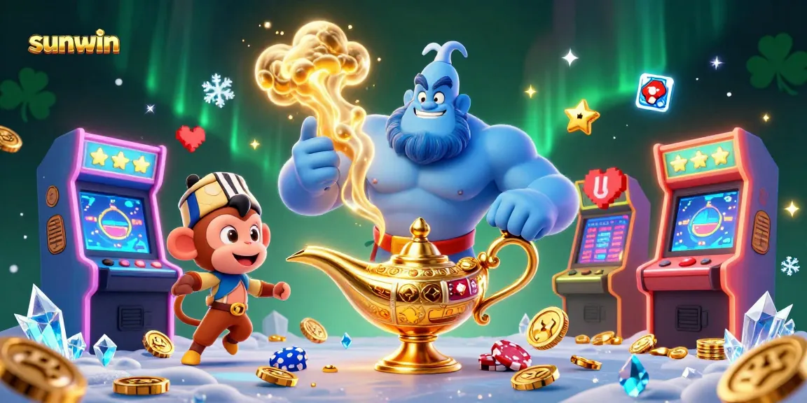 Join the fun with sunwin as the blue genie and monkey spread excitement in a vibrant casino world.