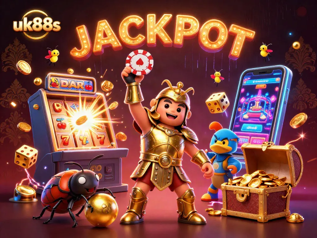 uk88s offers epic gambling action with a dynamic scene of beetles amidst casino excitement.