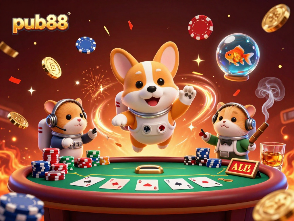 Experience the exciting world of pub88 with floating casino fun and animated characters.