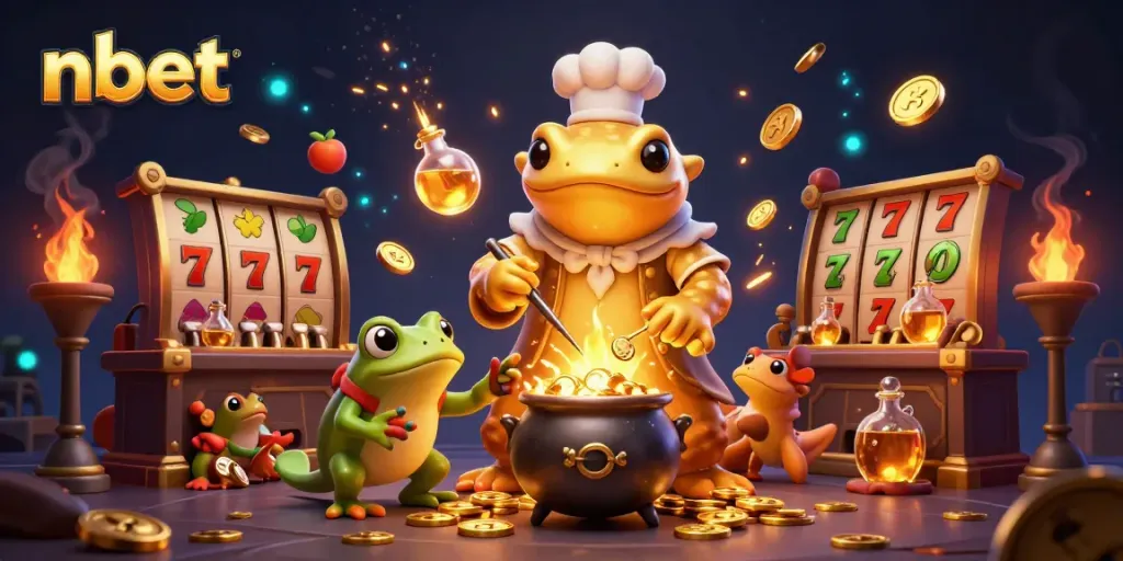 Experience nbet excitement with a magical casino scene featuring golden elements and animated slot machines.