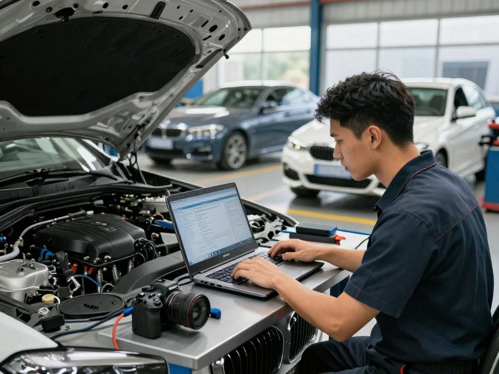 Professioneller Mechaniker in einer bmw werkstatt Hannover bei der Inspektion eines Fahrzeugs.