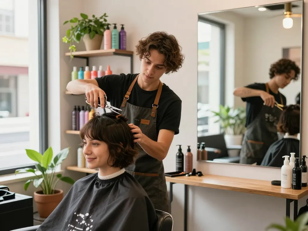 Friseurstylist, der einen trendigen Haarschnitt in einem schicken Salon gibt, umgeben von Haarprodukten und gemütlicher Dekoration.