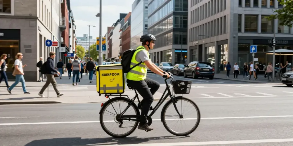 Kurierdienst in Düsseldorf - Ein Fahrradkurier, der schnell durch die Straßen von Düsseldorf navigiert.