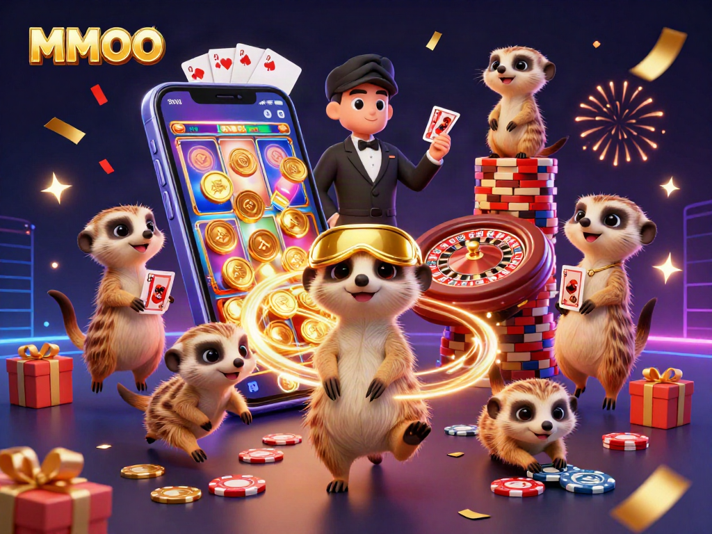 MMOO meerkats managing an exciting casino operation with vibrant slot games and festive decorations.