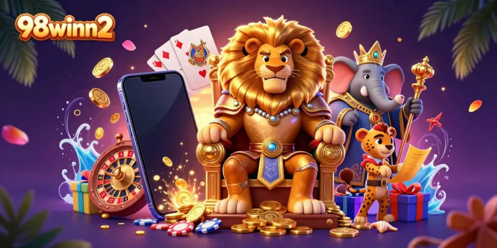 Experience excitement with 98winn2's vibrant gaming scene showcasing a lion king and dynamic casino elements.