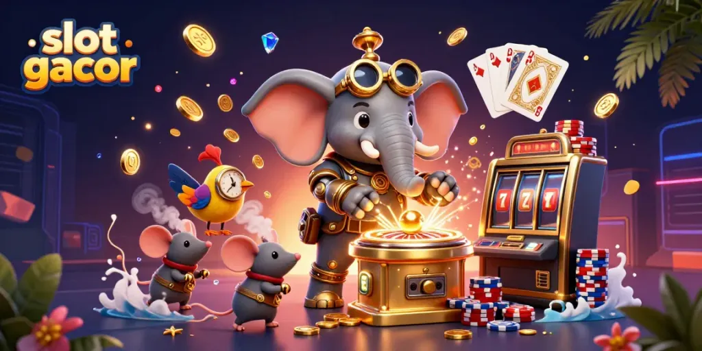Spin the slot gacor reels with a steampunk elephant engineer amid cascading coins and colorful gems.