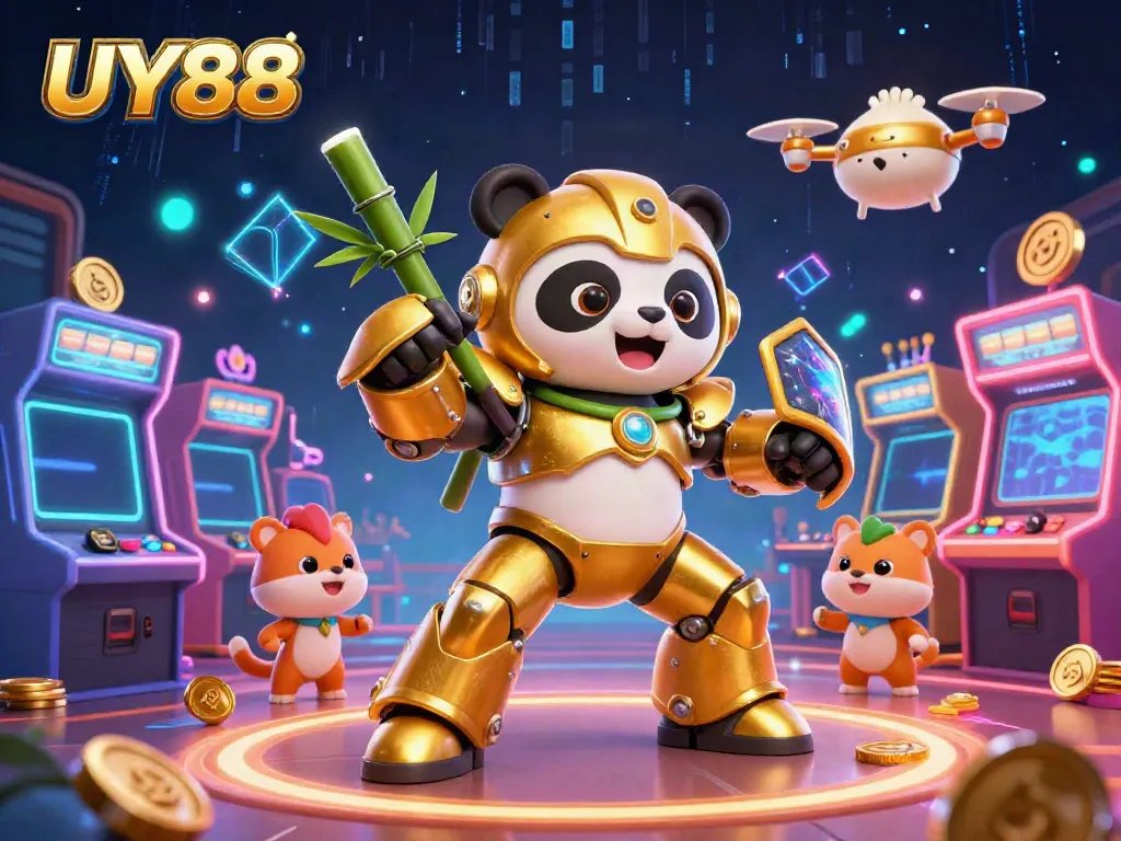 Experience the excitement of UY88 casino games with a vibrant 3D illustration of a panda in a mech suit.