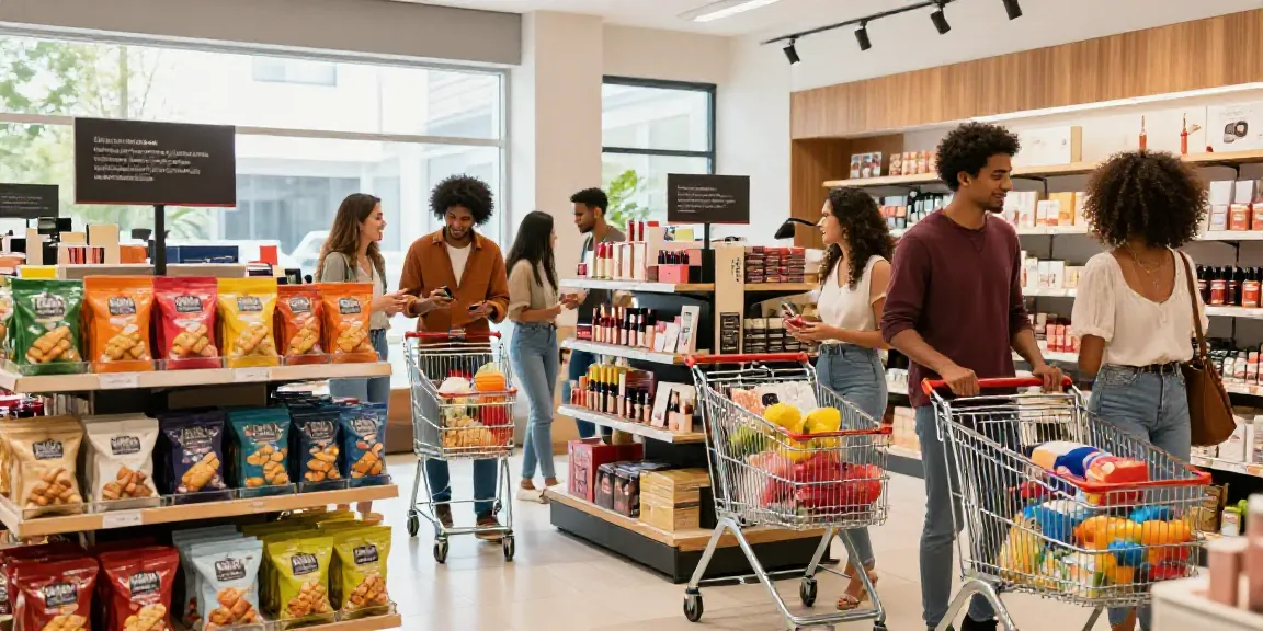 Freunde entdecken verschiedene Produkte in einem modernen Geschäft mit lebendigem Ambiente.