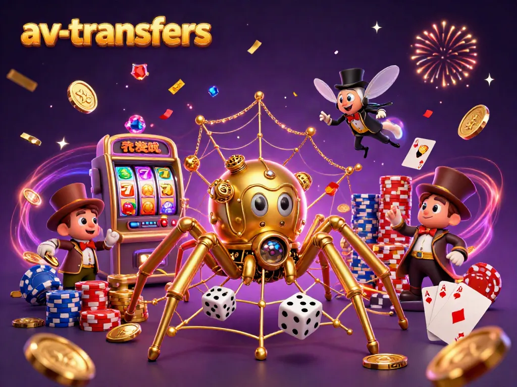 Experience the thrill of av-transfers with a vibrant casino scene showcasing a steampunk spider and fly gentleman.