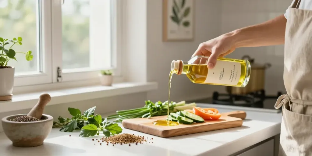 Schwarzkümmelöl wird in eine Glasflasche gegossen, während frische Kräuter und Gewürze auf der Arbeitsplatte verteilt sind.