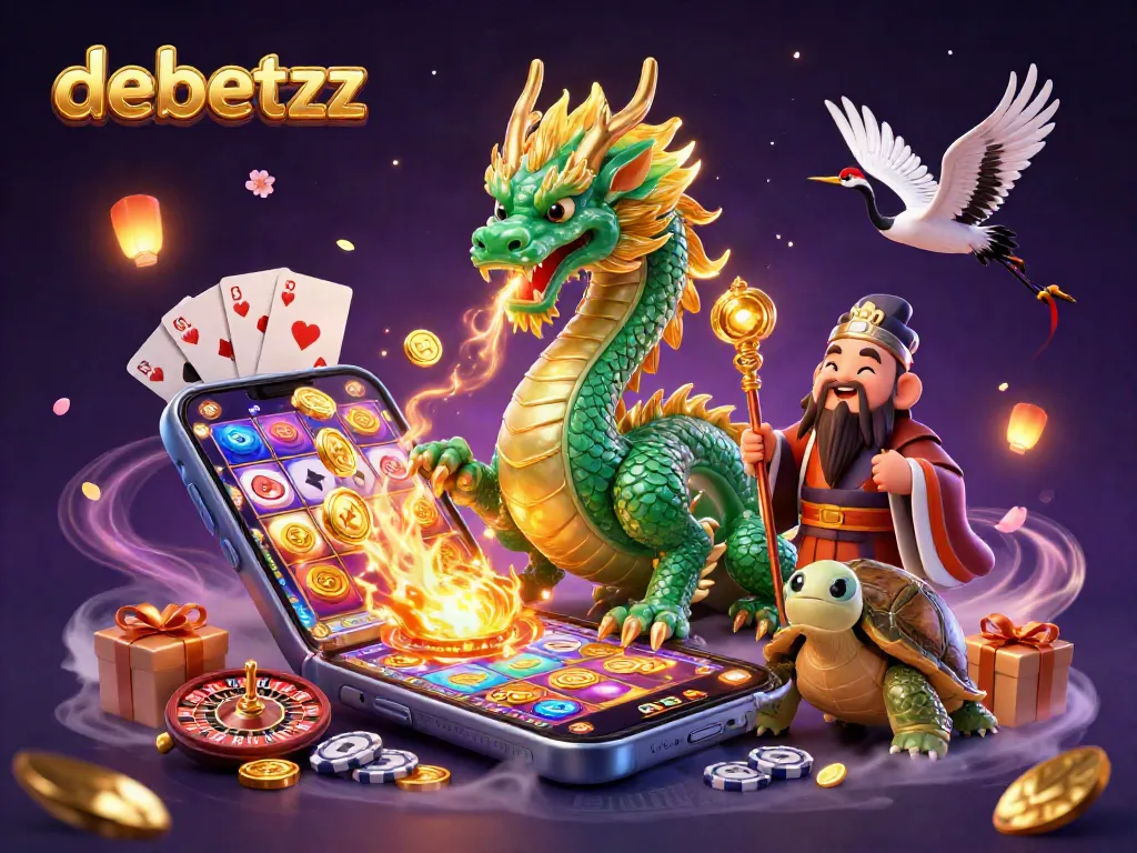 Experience the thrill of debetzz with a vibrant casino scene featuring dragons, cranes, and gaming elements.