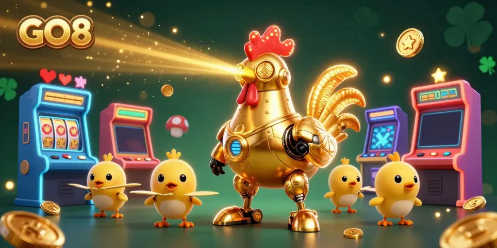 Engage with GO8's exciting universe, featuring a golden rooster robot among vibrant slot machines.
