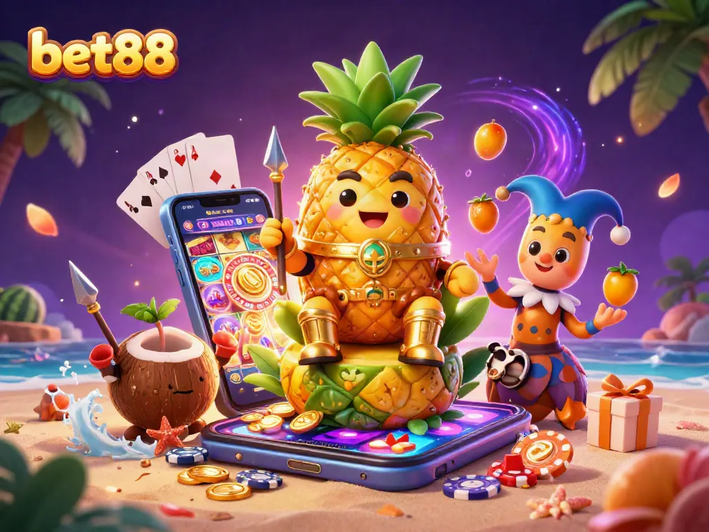 Experience the excitement of bet88 with a lively 3D casino illustration featuring unique characters and gaming elements.