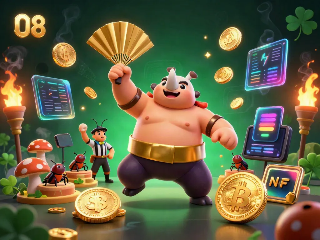Engage with O8's dynamic casino scene featuring a sumo champion beetle amidst flying coins.