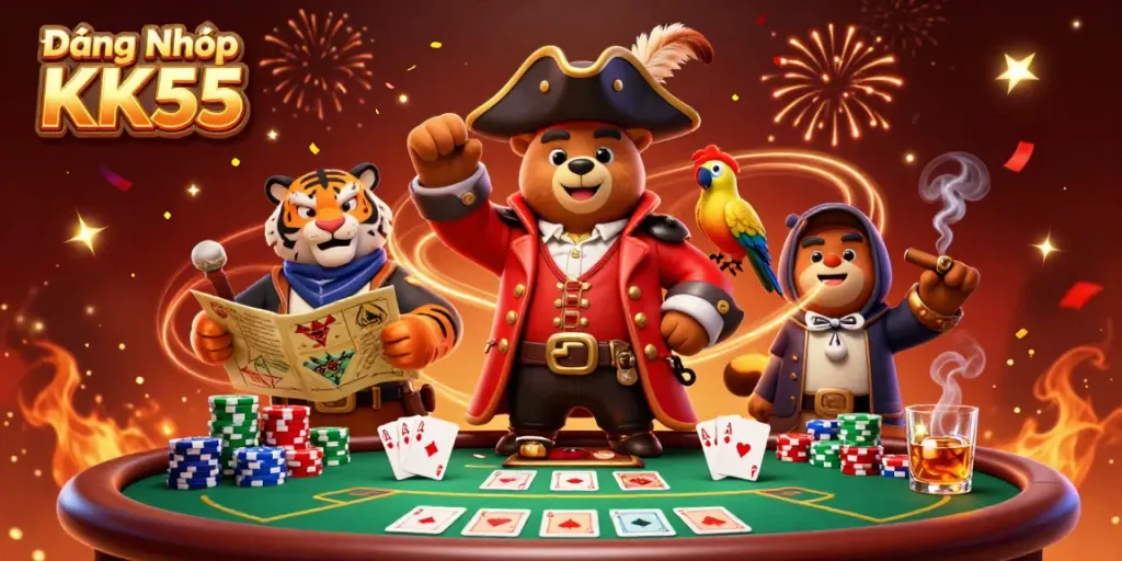 Experience Đăng Nhập KK55 with a vibrant, dynamic 3D casino scene featuring engaging characters.