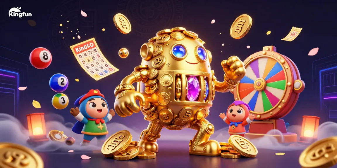 Experience Kingfun's vibrant jackpot dynamics with colorful lotteries and golden golem in action.