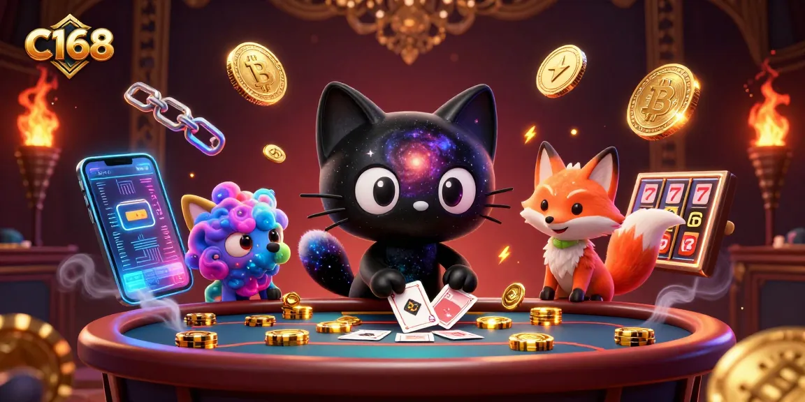 C168 showcases a cosmic casino scene with a 3D black hole cat, colorful nebula fox, and floating crypto coins.